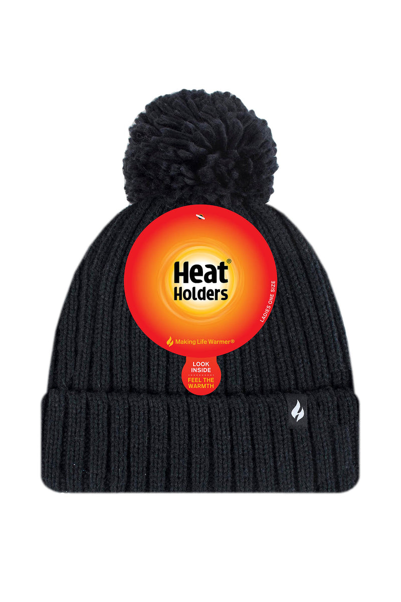 Heat Holders Women's Arden Rib Knit Roll Up Thermal Hat Black - Packaging