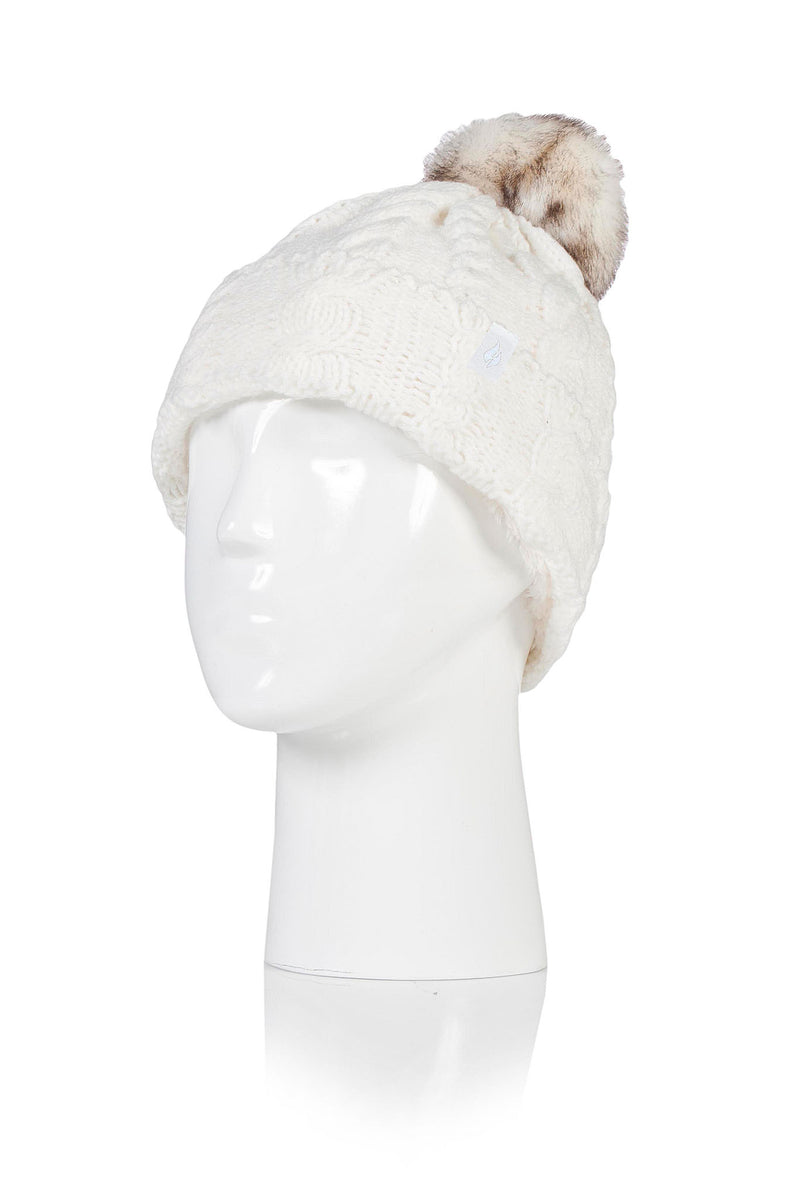 Heat Holders Women's Bridget Cable Knit Roll Up Pom Pom Thermal Hat Winter White