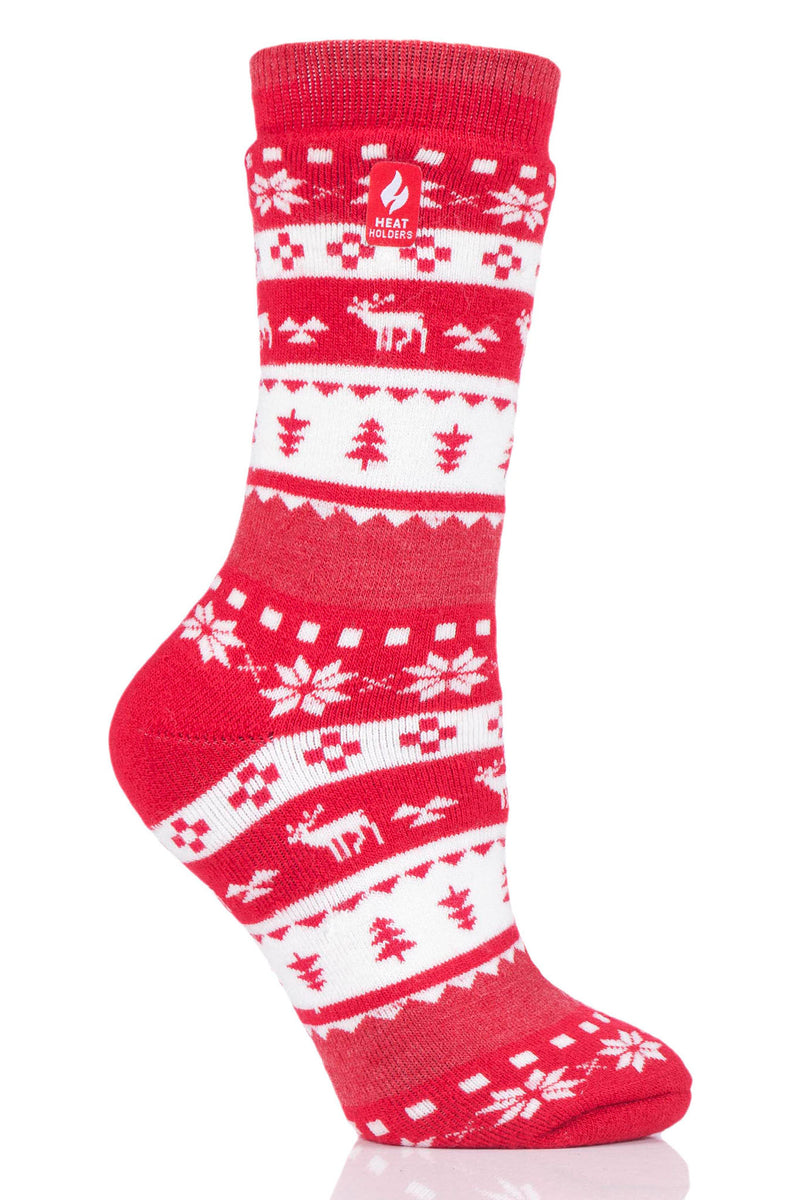 Heat Holders Women's Carol Lite Festive Fairisle Thermal Crew Sock Red/Cream