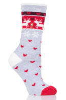Heat Holders Women's Carol Lite Festive Reindeer Thermal Crew Sock Light Grey/Cream