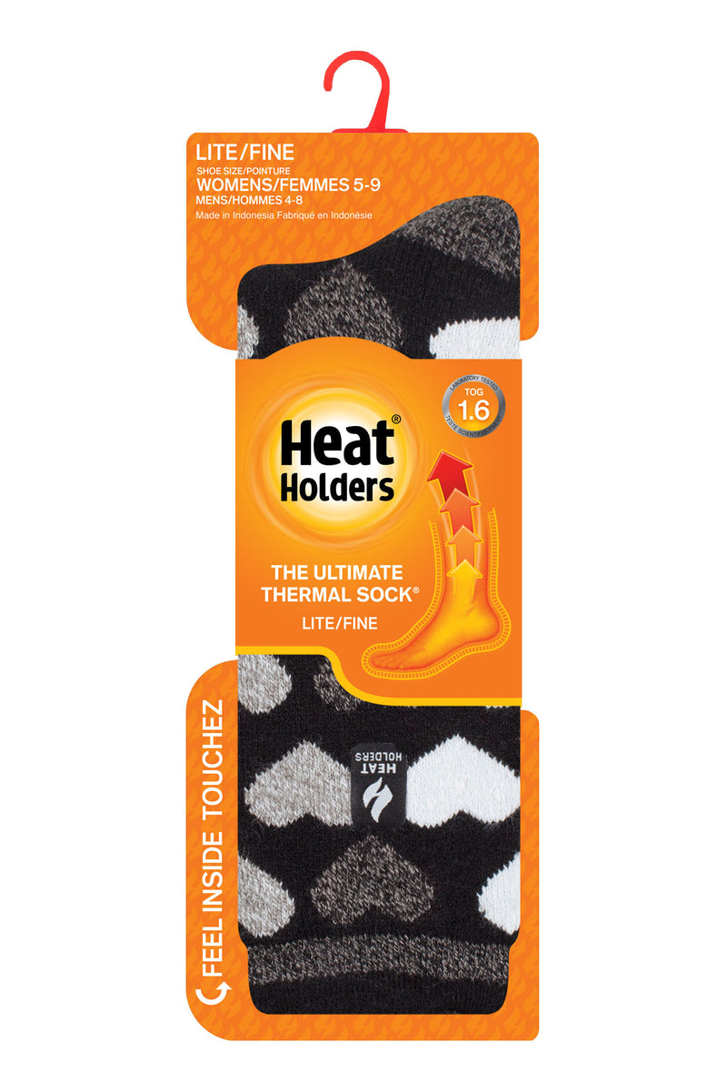 Heat Holders Women's Jennifer Lite Heart Thermal Crew Sock Black Monotone - Packaging CA