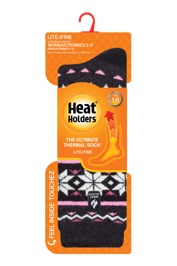 Heat Holders Women's Melissa Lite Fairisle Thermal Crew Sock Black/Charcoal - Packaging CA