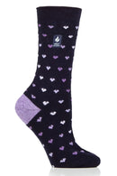 Heat Holders Women's Orchid Ultra Lite Hearts Thermal Crew Sock Navy/Purple