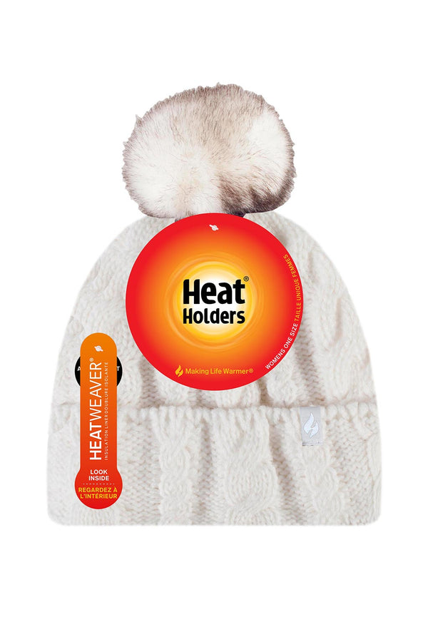 Heat Holders Women's Bridget Cable Knit Roll Up Pom Pom Thermal Hat Winter White - Packaging