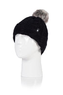 Heat Holders Women's Bridget Cable Knit Roll Up Pom Pom Thermal Hat Black